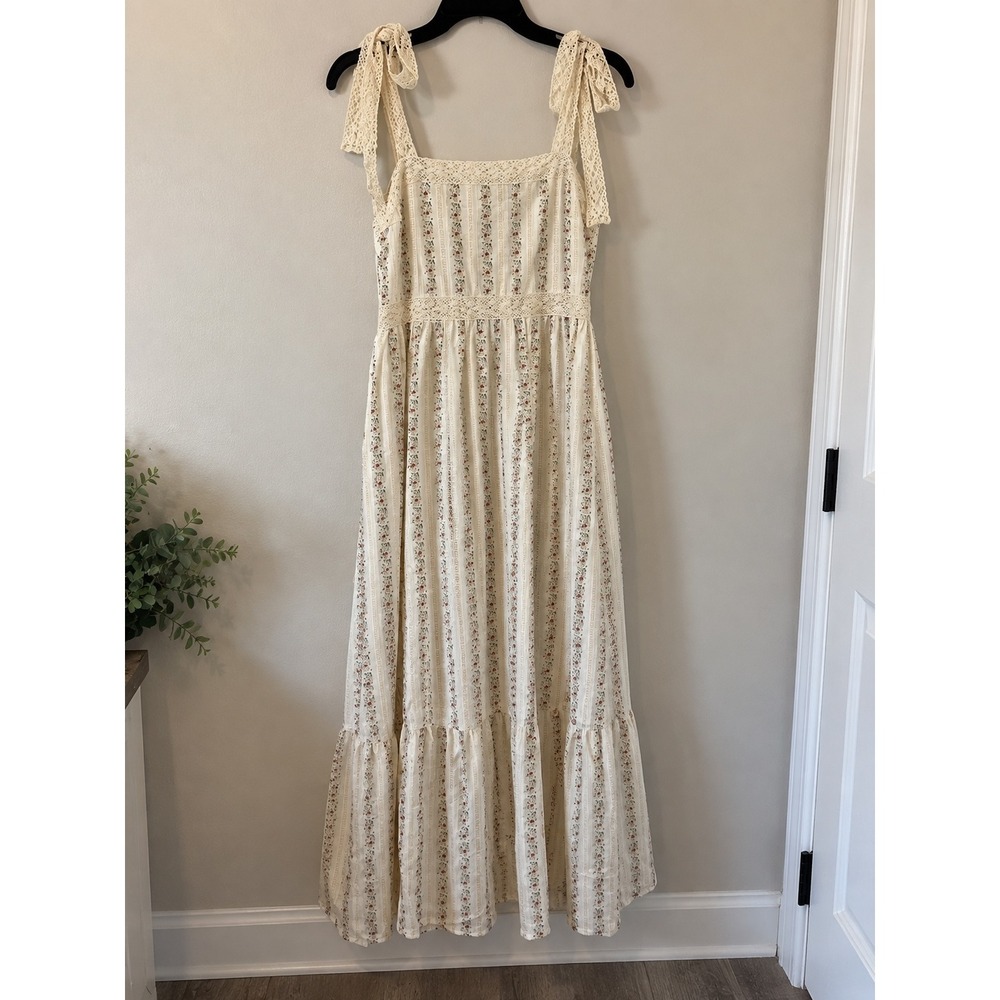 Cream Floral Cotton Maxi Dress Lace Tie Cottagecore Tiered Ruffle M